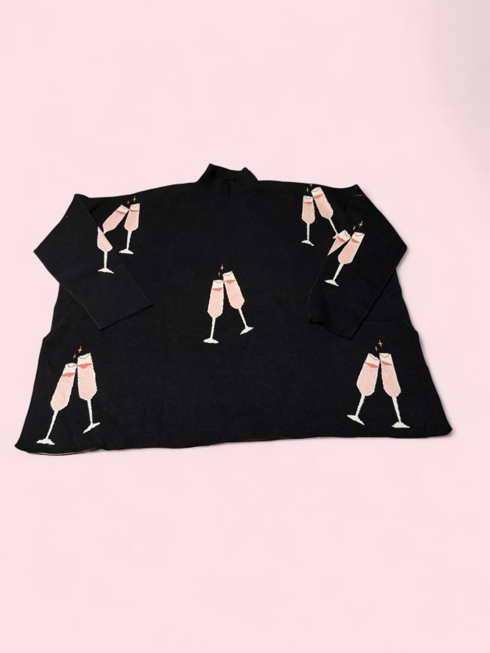 Chic Soul Black Knit mockneck oversized Sweater with Pink Champagne Flutes